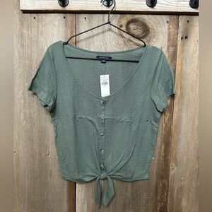American Eagle Pointelle Button Front Tie Knot T-Shirt in Green Size Medium